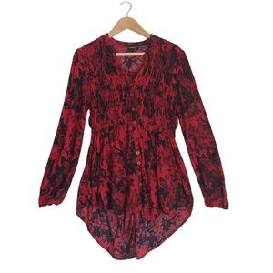Torrid Babydoll Smocked Top Blouse Button Front Red Black Floral | Size 00 | M